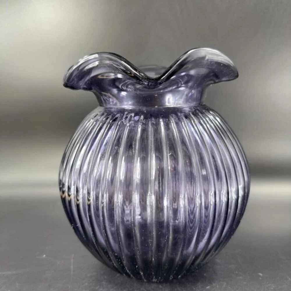 Hand Blown Art Glass‎ Purple Amethyst Vase Round Bottom Wavy Edge On Top Vintage